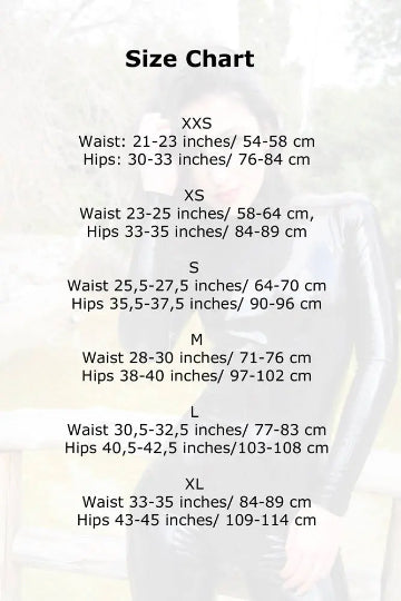 Size chart for clothing with measurements in inches and centimeters.
